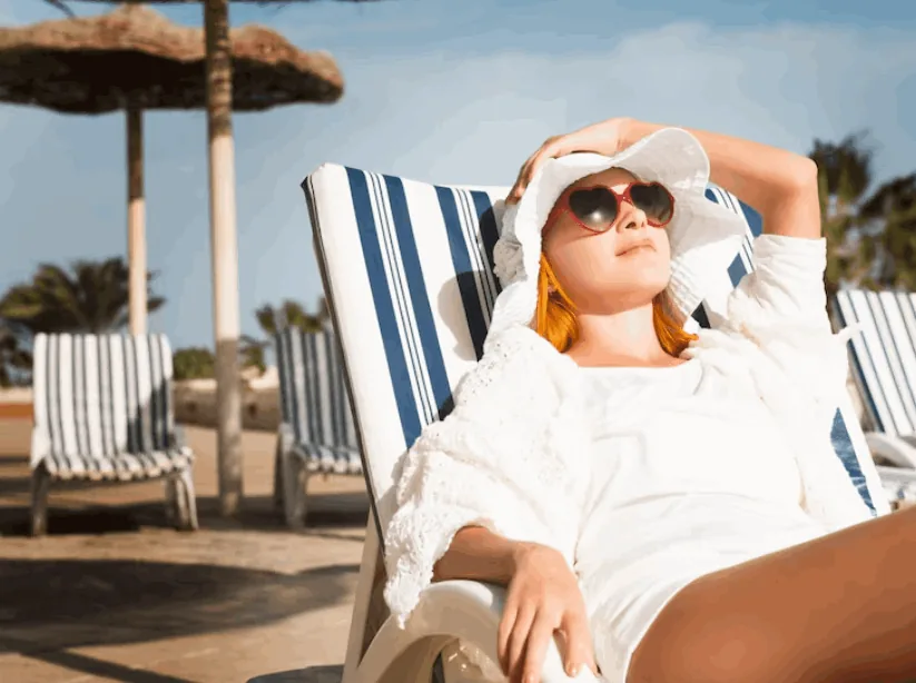 ビーチチェアで日差しを浴びてくつろぐ白い服の女性